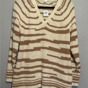 J Jill Womens Striped V Neck Sweater Size L Brown Ivory,Pullover Long Sleeve NWT
